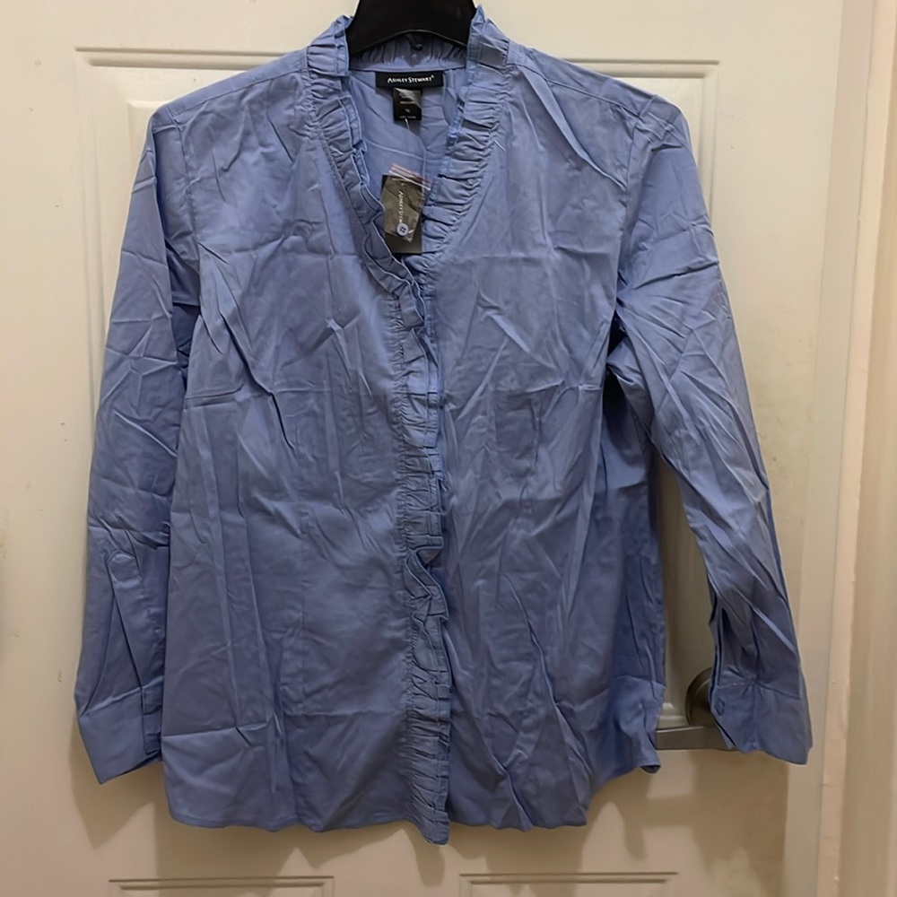 ASHLEY STEWART.NWT.Women’s size 16 blue ruffle collared shirt, cotton/polyester